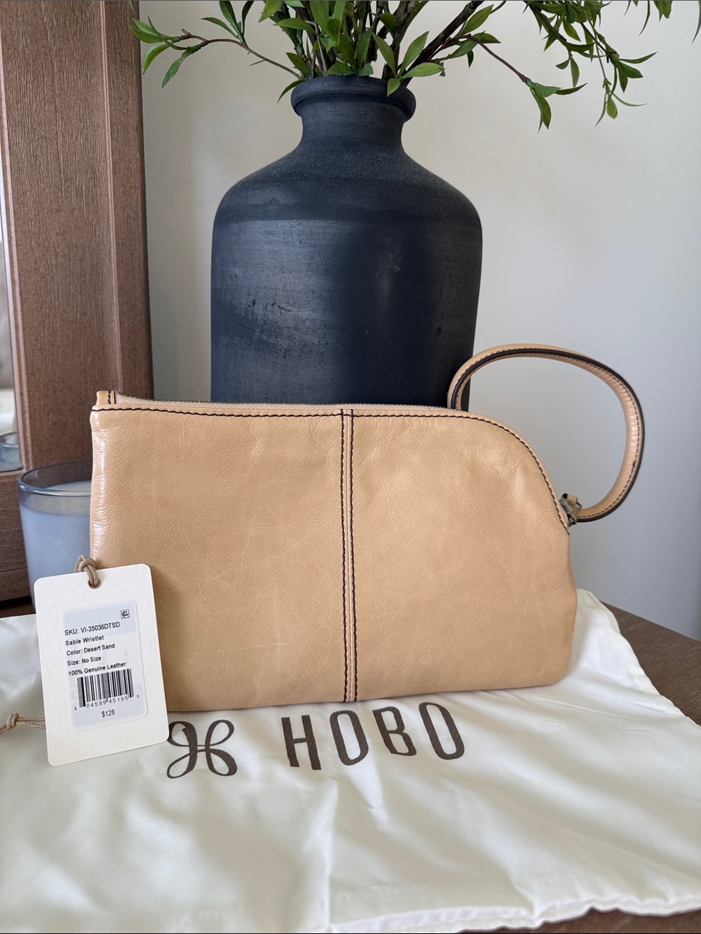 HOBO Leather Wristlet Clutch in Desert Tan
